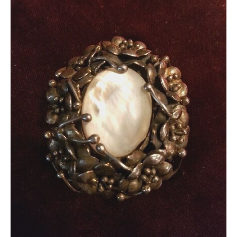Art Nouveau Jewelry, Big Brutalist Pendant, Mother of Pearl, Sterling Silver Pin